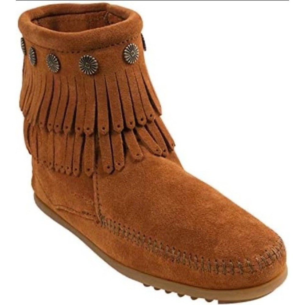 Minnetonka Double Fringe Ankle Boots Womens Size 7 Brown Suede Side Zip Moccasin